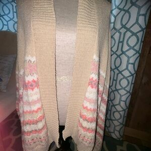 Maurice’s Beige Open-Front Women's Cardigan Sweater with Pink Nordic design